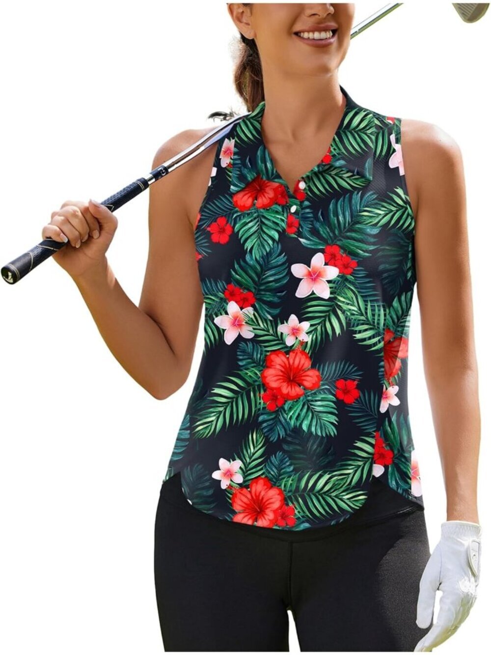 Women's Hawaiian Flowers Sleeveless Golf Shirt UPF50+ Tennis Polo Racerback Top